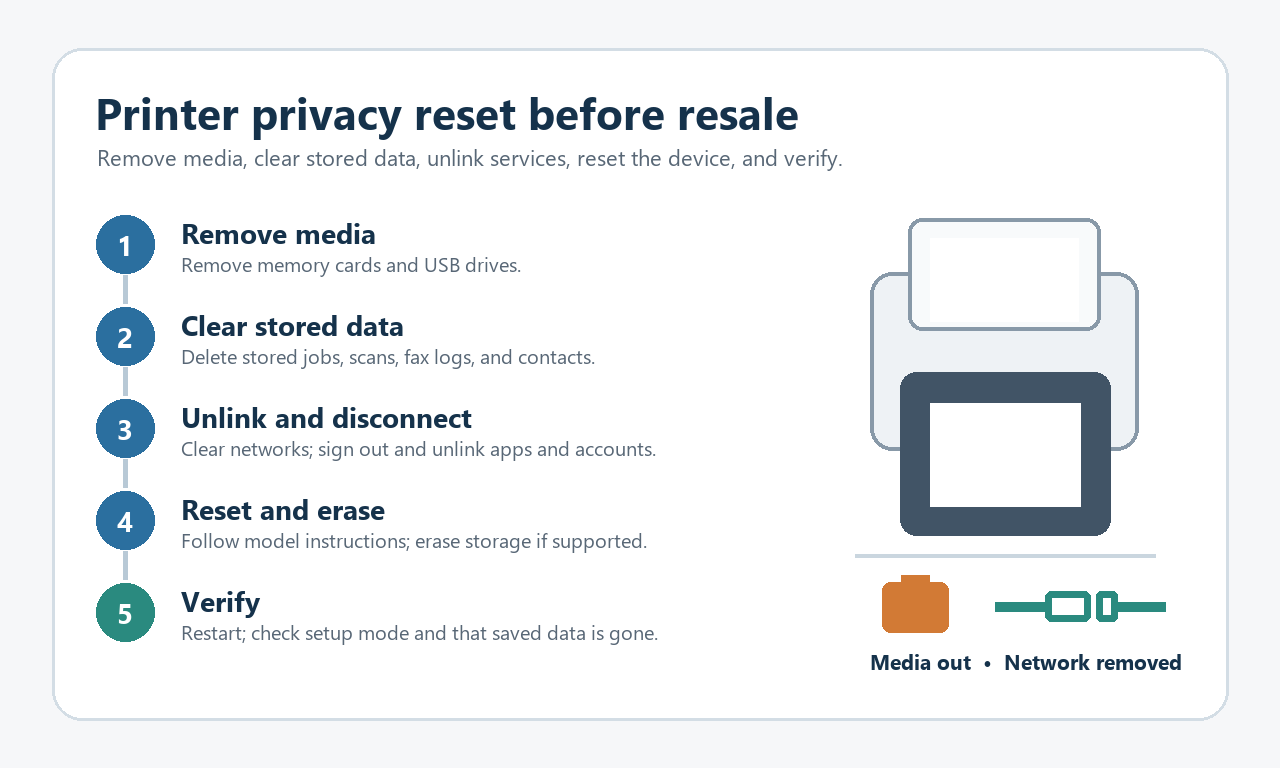 Five-step printer privacy-reset checklist before resale