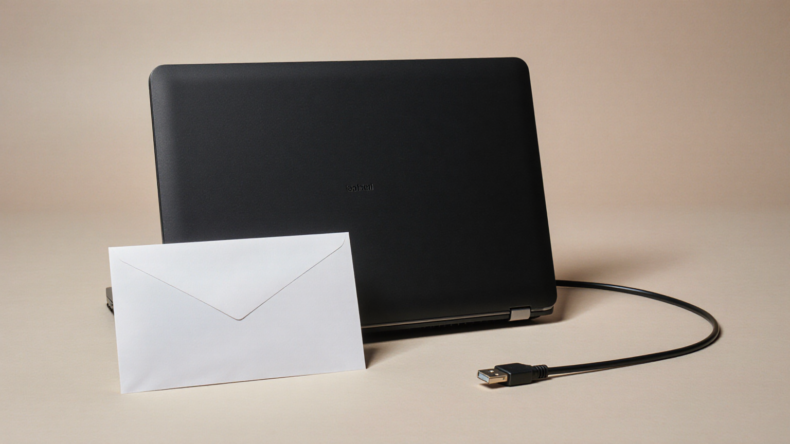 Closed laptop, disconnected cable, and sealed envelope