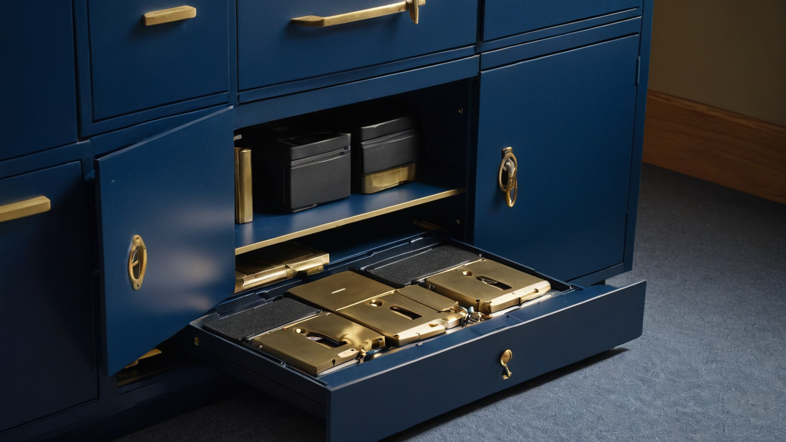 A closed laptop, backup storage, and recovery materials kept in separate compartments